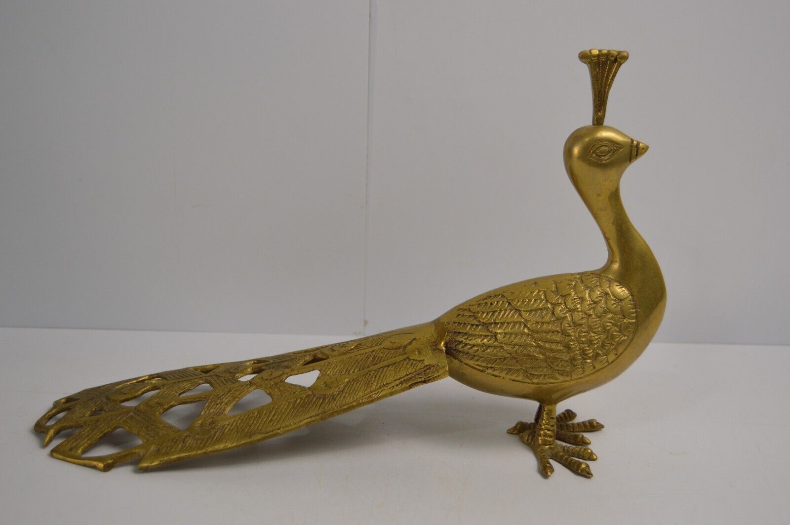 Vintage Brass Peacock Large Long Tail Collectible Bird Avian Decor 14.5\