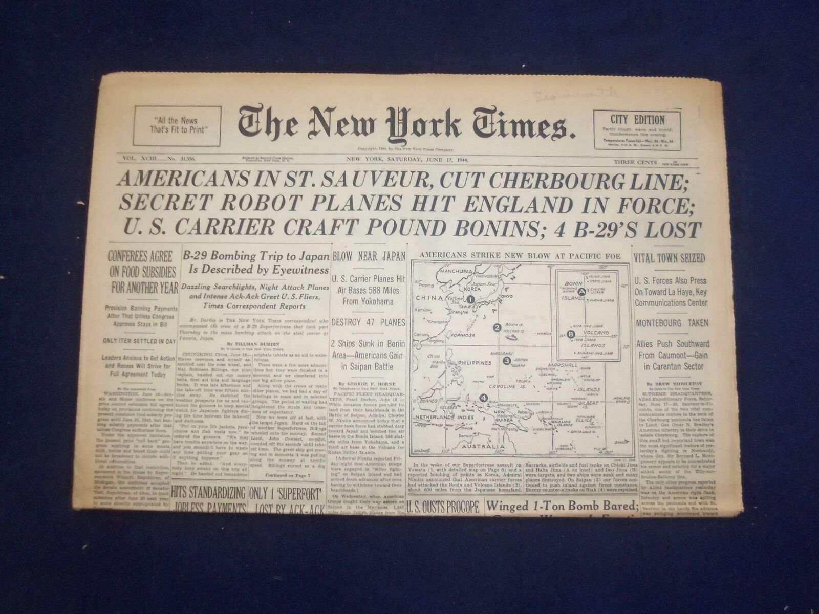 1944 JUNE 17 NEW YORK TIMES -AMERICANS IN ST. SAUVEUR, CUT CHERBORG LINE-NP 6570