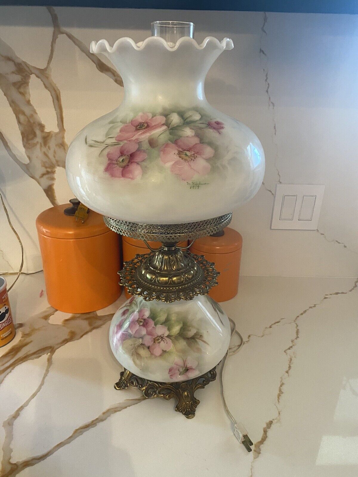 Vintage 1979 Pink Floral Hurricane Lamp - Some Flaws See Pics