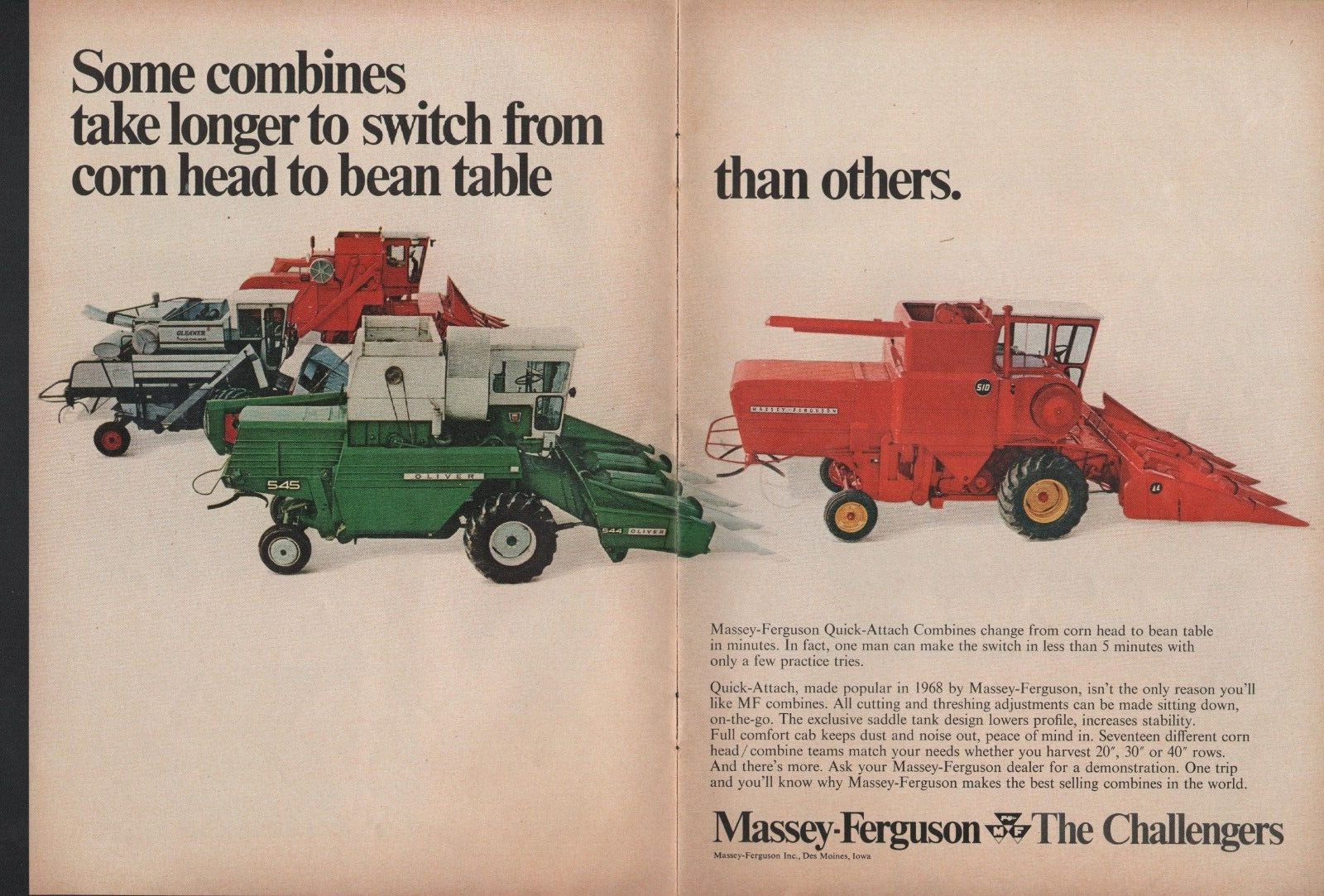 1969 2pg Print Ad of Massey Ferguson MF 510 Tractor Combine Oliver Gleaner Case
