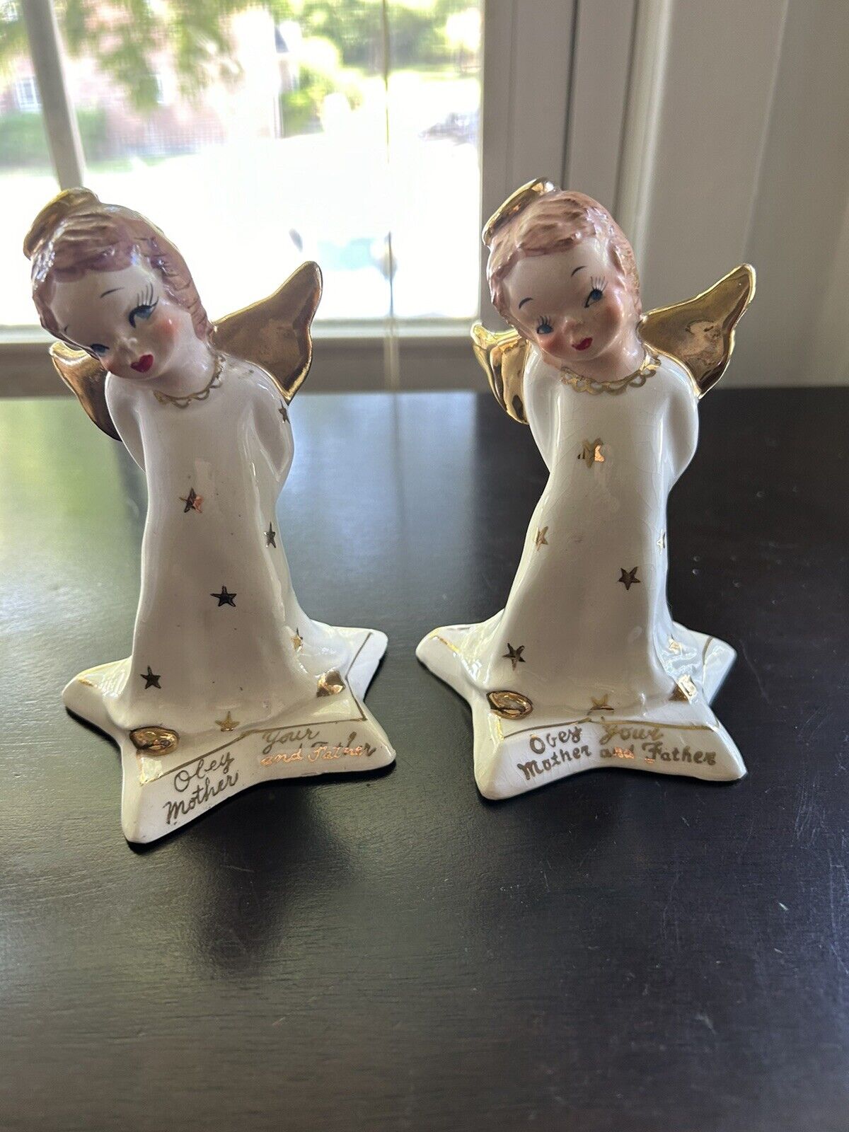 Set Of 2 Vintage Yona Shafford Angels Reads Obey Your Mother And Father  - Japan