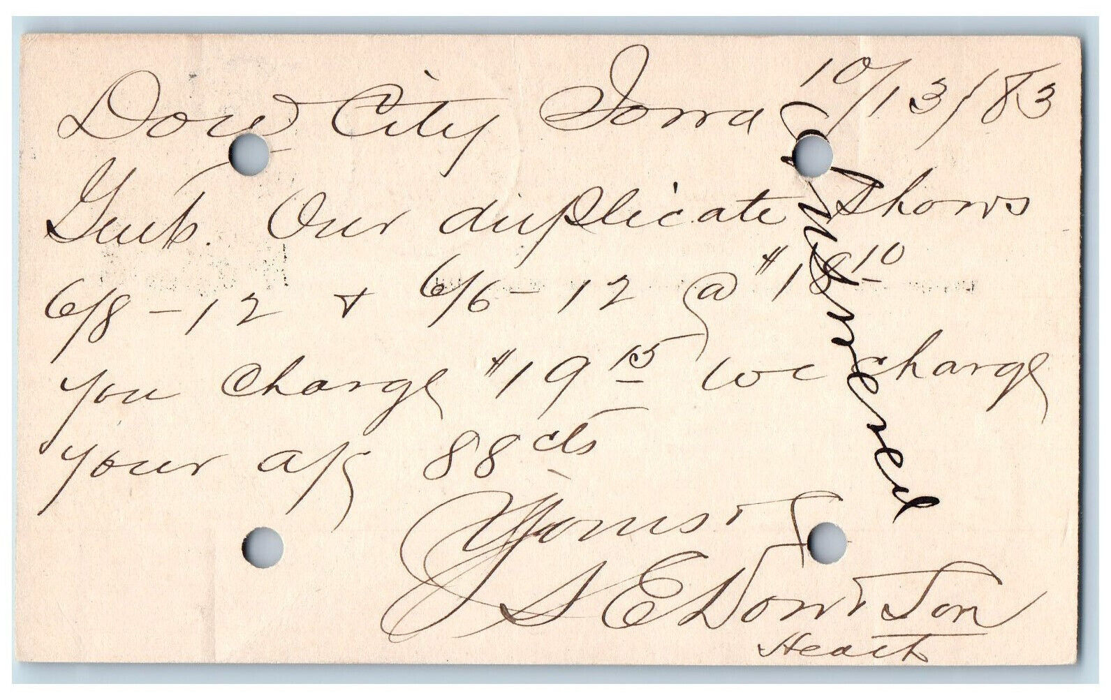 1883 S.E. Dow & Son Dow Lumber WJ Young & Co. Dow City IA Clinton IA Postal Card