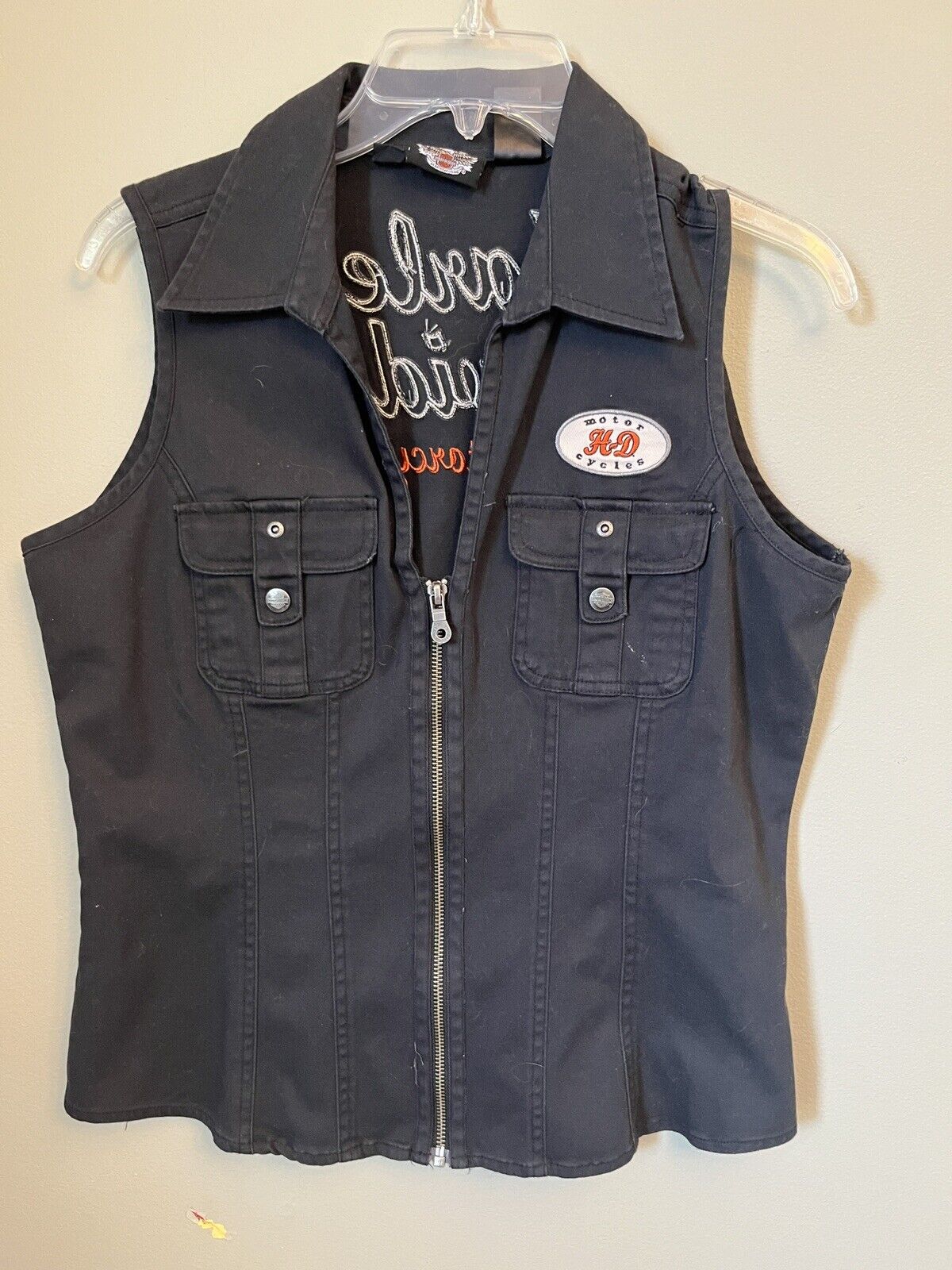Vintage Harley Davidson Motorcycles Cotton Vest Embroidered Back Zip Front Med