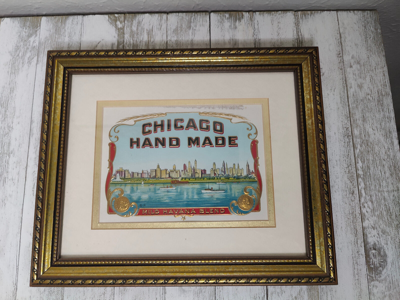 Framed Original 1930s Embossed Stone Lithograph Chicago Skyline Art Cigar Box