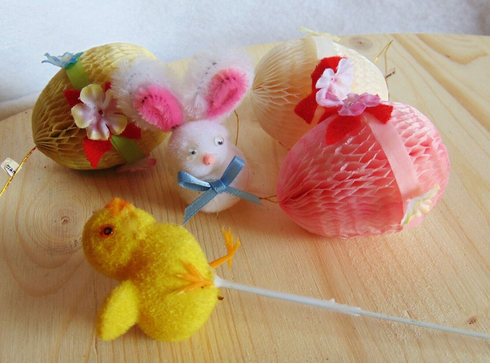Vintage Easter Tissue Egg Bunny Flocked Chick Lot w Ribbons Flowers Decorations