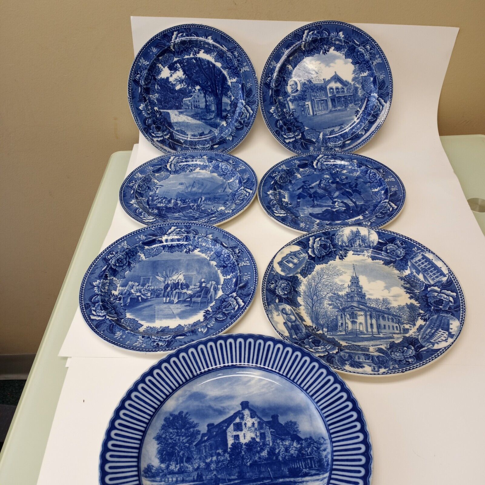 Vintage  Wedgewood,  Blue and White  American Revolution Historical plates