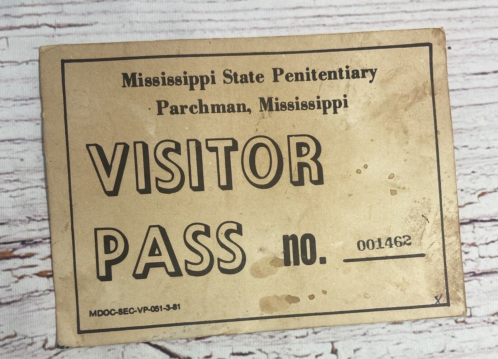 VTG Mississippi State Penitentiary Parchman, MS Prison Visitors Pass Collectible