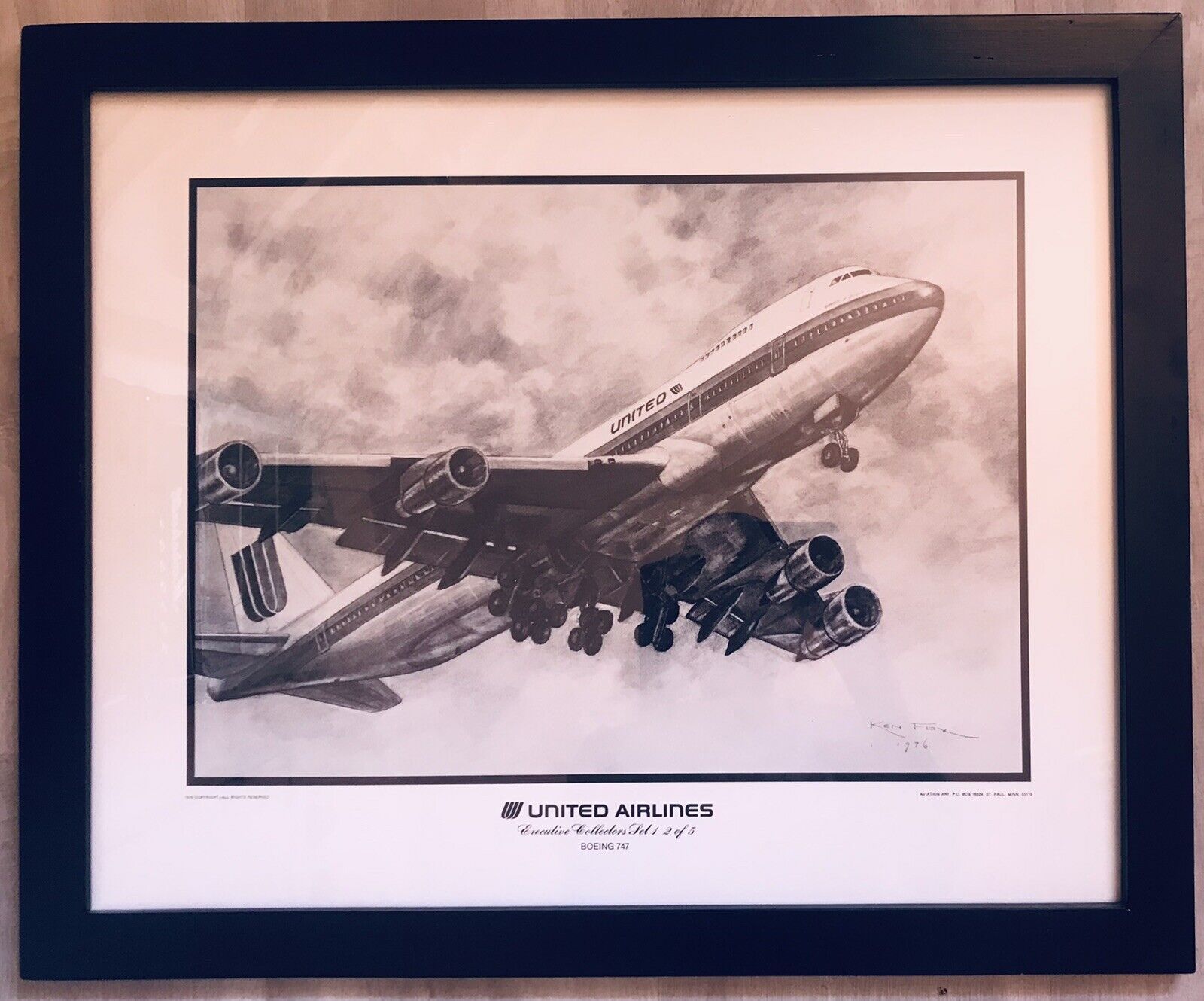 Vintage United Airlines Print By Ken Fox 1976 Framed 18” X 22” UA Pilot’s Estate