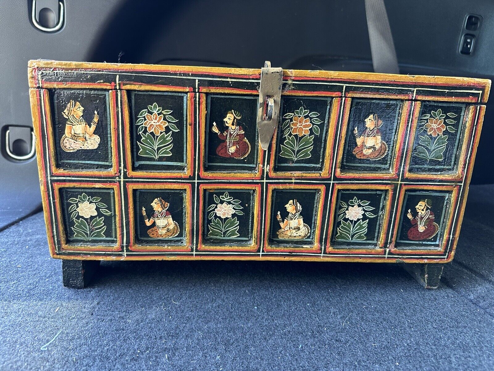 Antique Indian Mughal Polychrome Wood Panel Wedding Box Chest