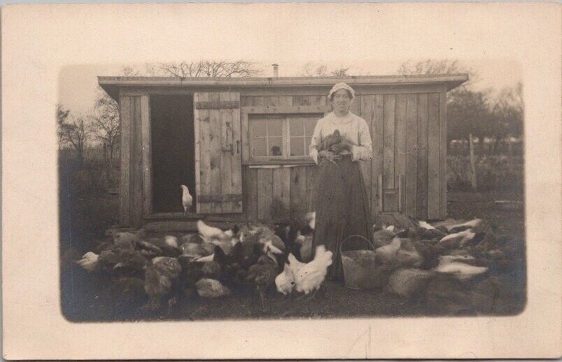 Vintage 1910s Real Photo RPPC Postcard FARM SCENE Woman at Hen House / Chickens
