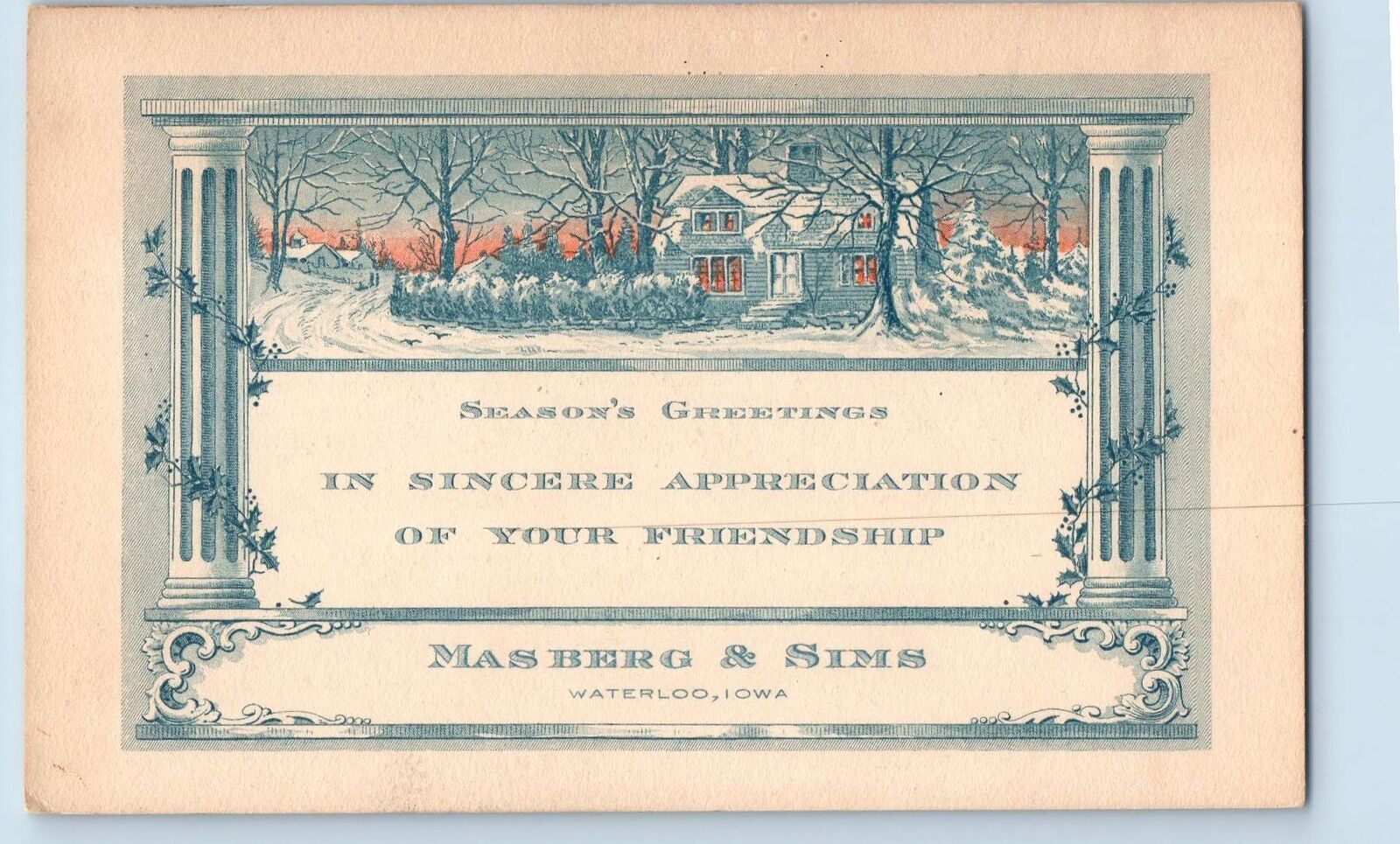 Waterloo Iowa IA Postcard Season's Greetings Masberg And Sims c1905's Antique
