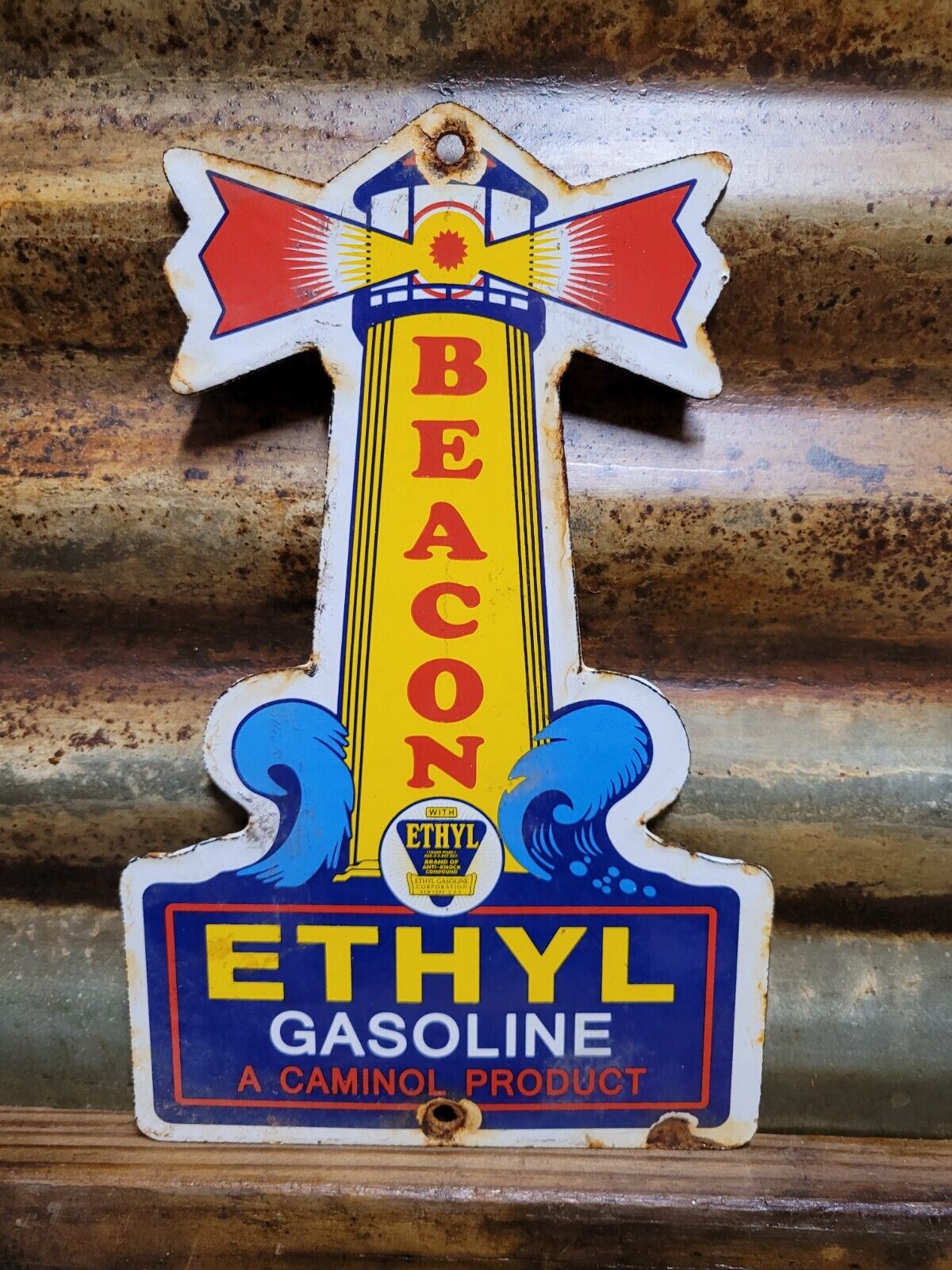 VINTAGE ETHYL PORCELAIN SIGN BEACON NEW YORK CAMINOL GAS OIL SERVICE COMPANY