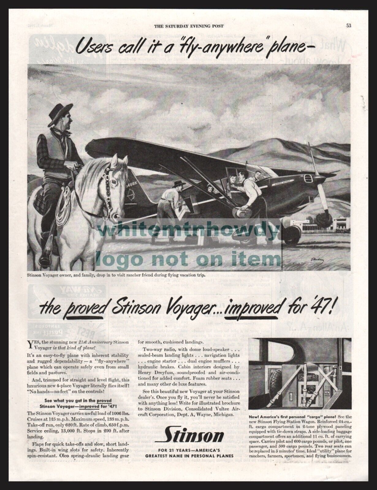 1947 STINSON VOYAGER visiting rancher friends Vintage Airplane Aviation AD