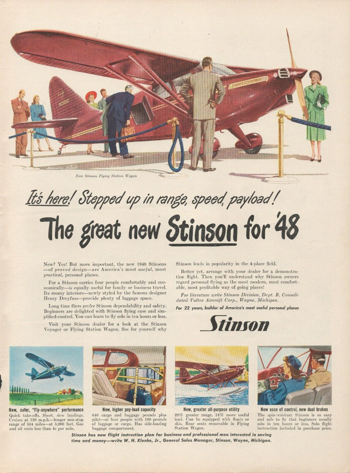 1947 Stinson Airplane It's Here Stepped Up Range Speed Payload 1948 Print Ad