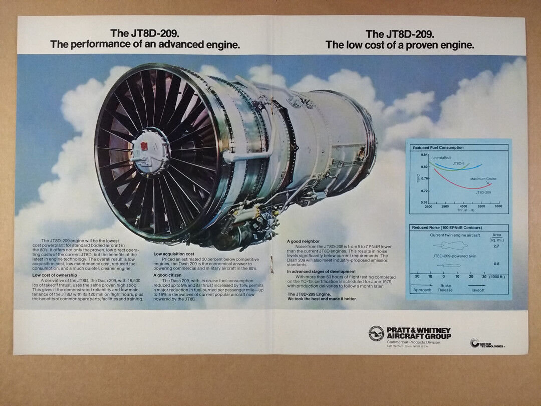 1977 Pratt & Whitney JT8D-209 Jet Engine vintage print Ad