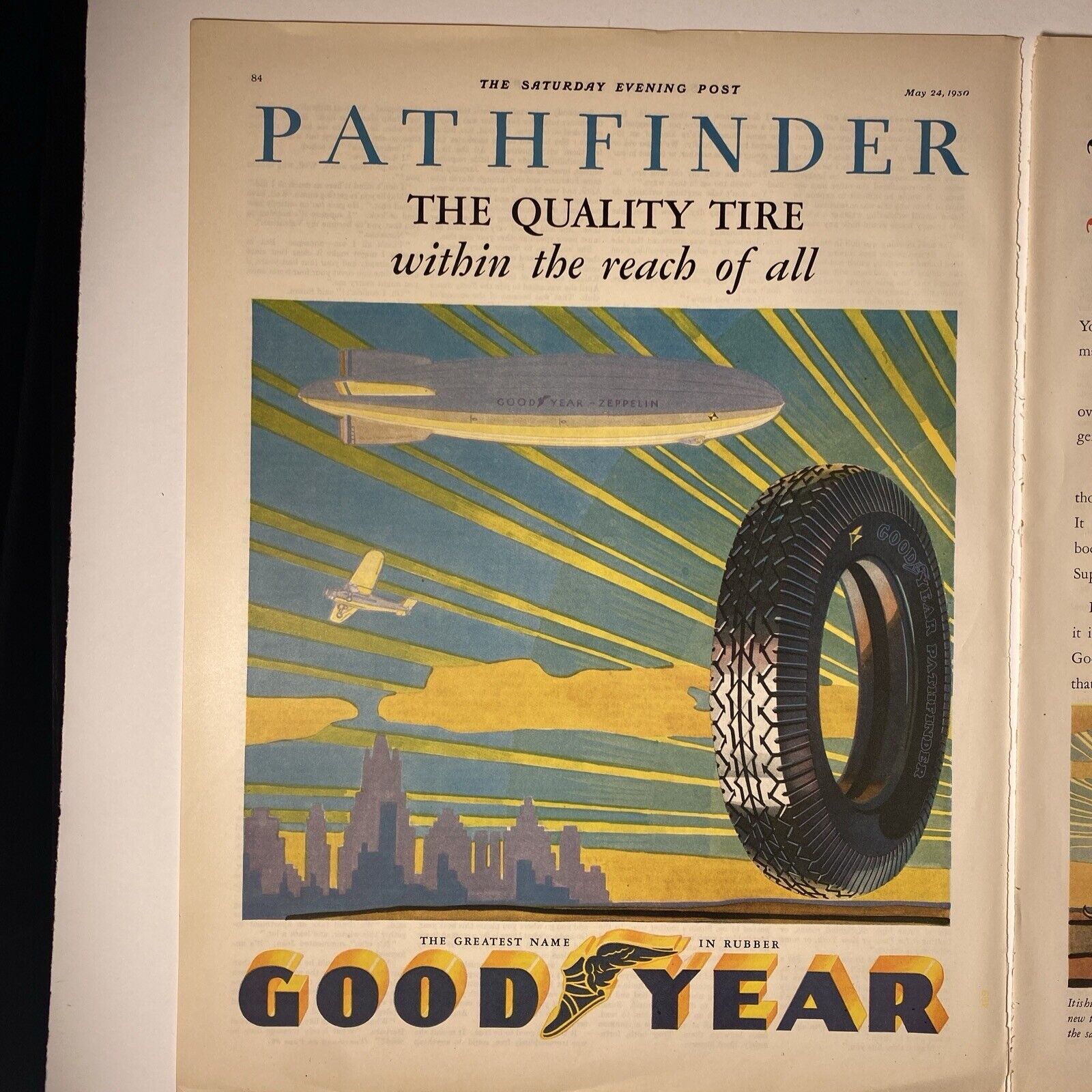 1930 AUTO GOODYEAR Tire Aviation Zeppelin Airplane Flight Deco Ad Pathfinder 2pg