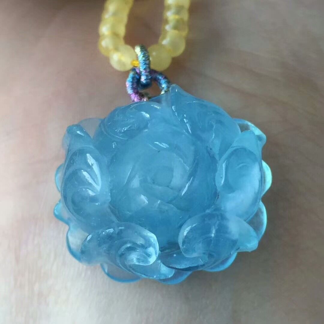 Natural Aquamarine Blue Crystal Flower Shape Pendant Amber Beads Chain AAAA