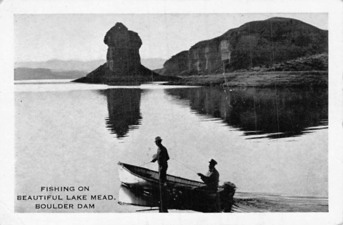 Postcard NV: Fishing on Lake Mead, Hoover Dam, Las Vegas, 1940s, B&W Mini Card