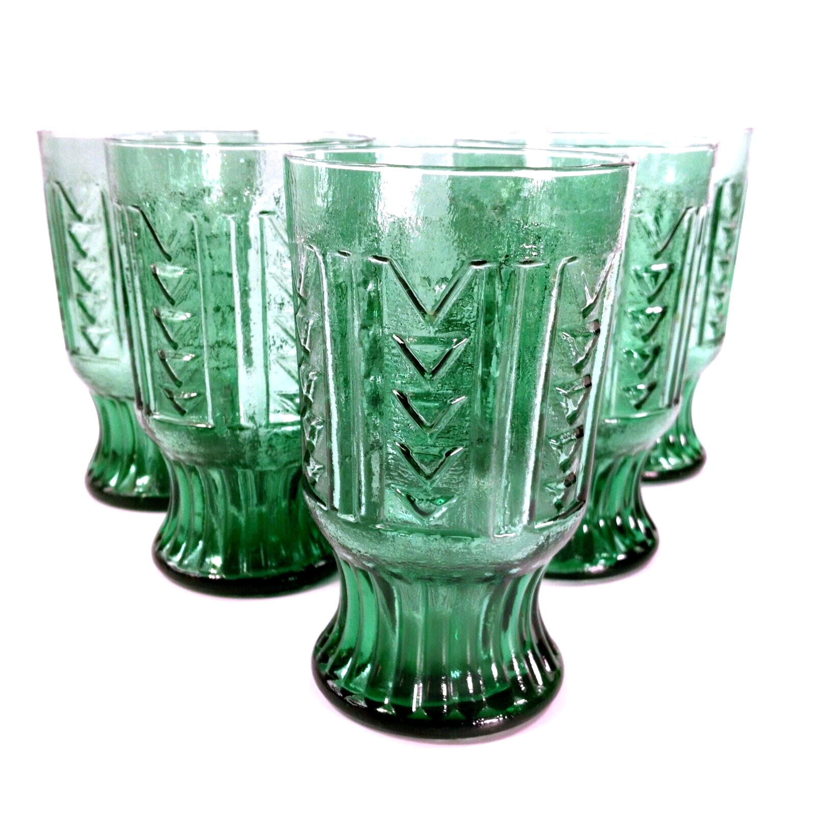 6 Unique 5 Inch Tall Green Tumblers Ribbed Foot Triangle Striped Argyle Pattern