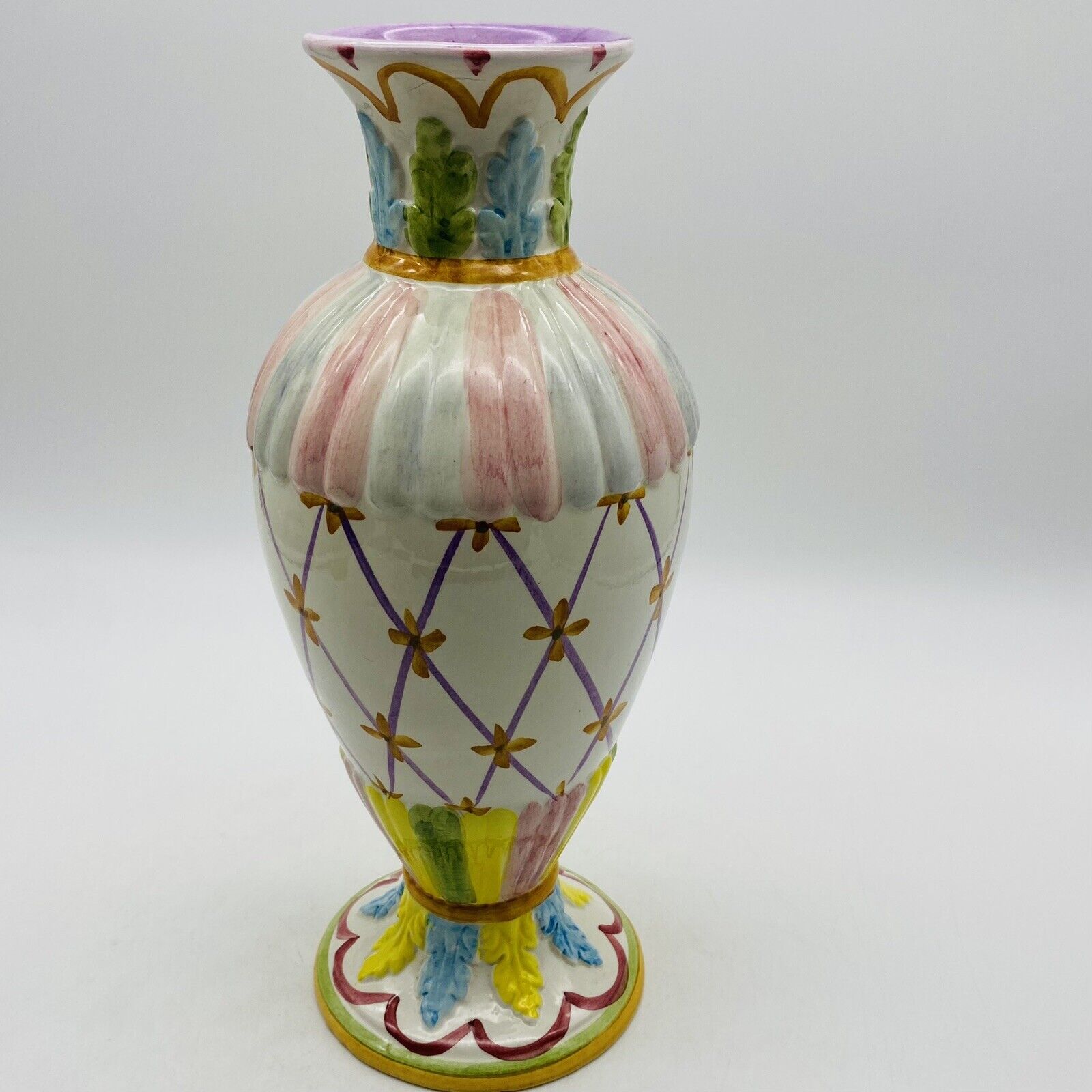 Vintage Whimsical Hand painted Multicolor Flowers Stripes Vase