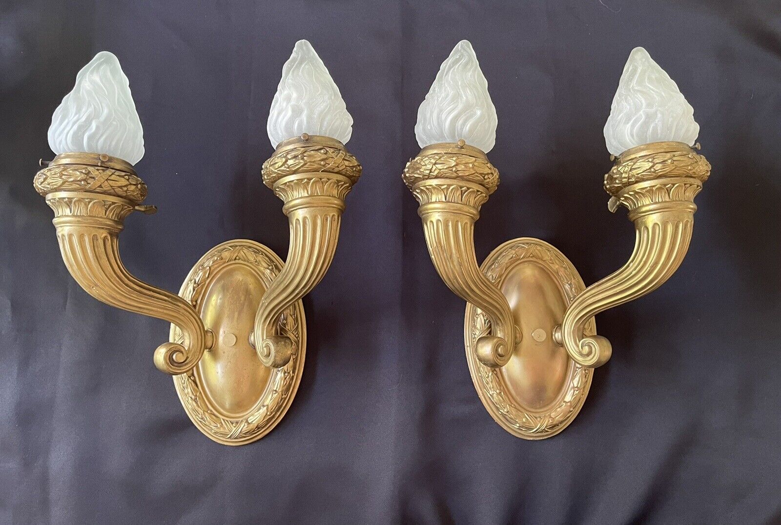 Antique Pair French Empire Brass Wall Sconces Horn Flame Shades Beaux Arts A1