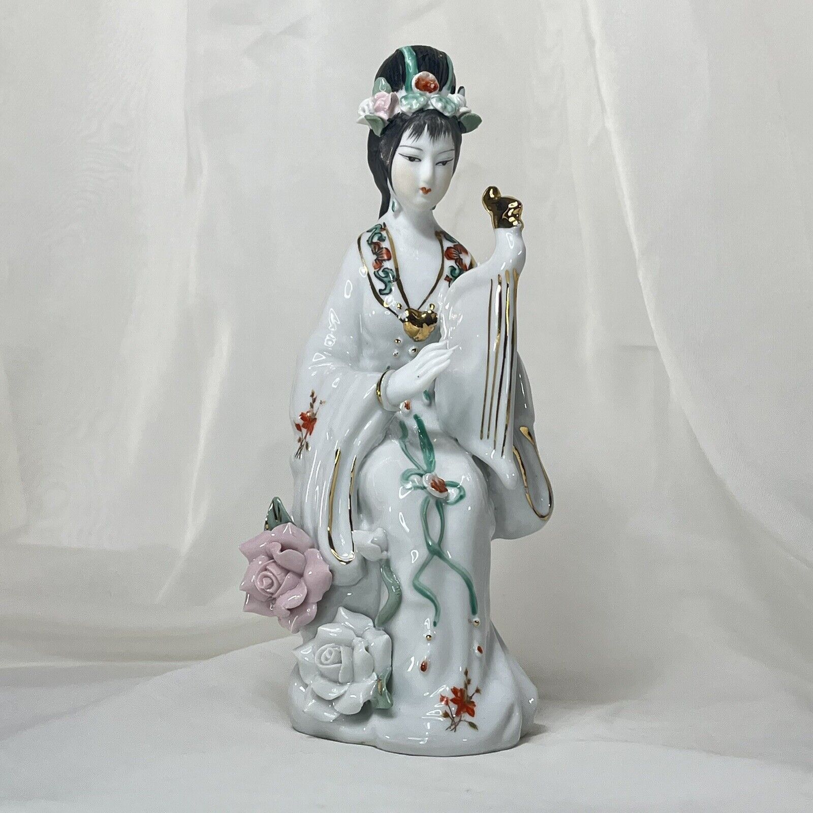 Kimono Woman Geisha Style With Harp, Vintage Flowers Gold Trimmed Porcelain ❤️