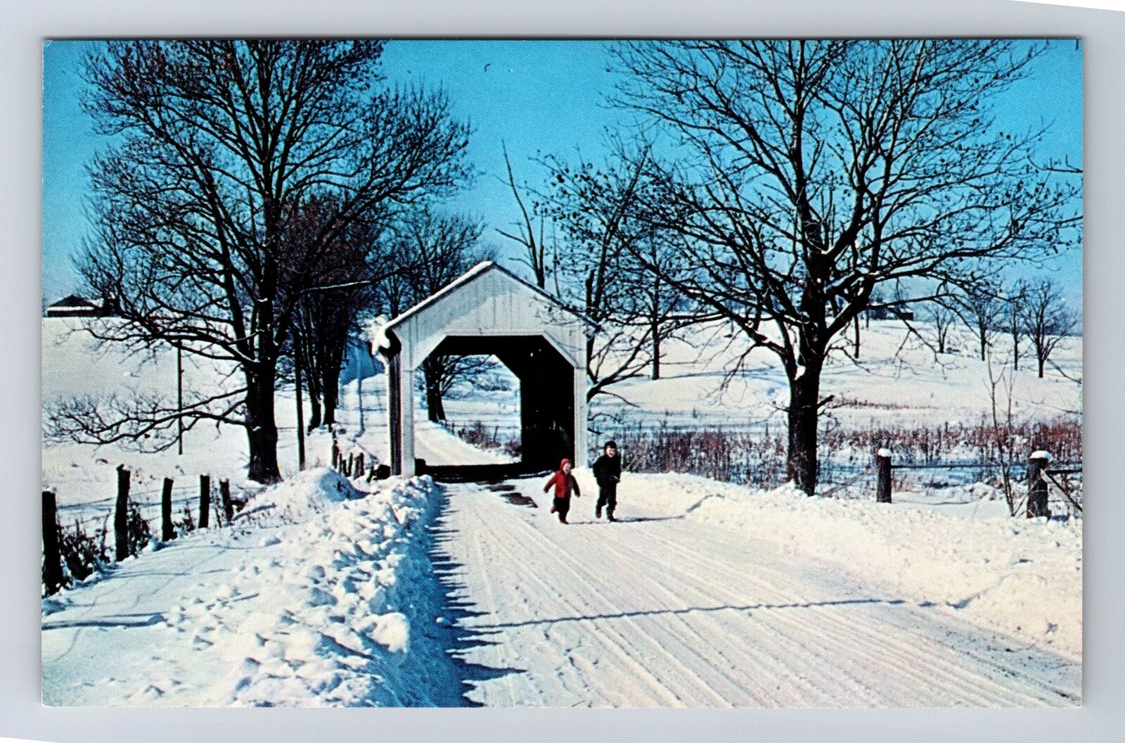 Lisbon OH-Ohio, Snow Capped Covered Bridge, Mill Seat Creek, Vintage Postcard