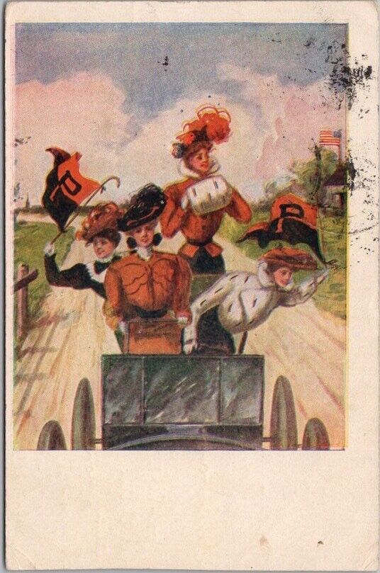 Vintage 1906 PRINCETON UNIVERSITY Postcard - Girls in Automobile w/ Pennants