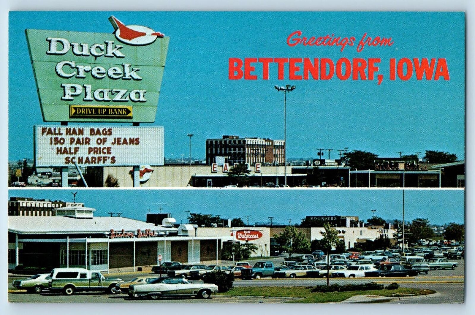 Bettendorf Iowa IA Postcard Greetings Duck Creek Plaza Scene c1960s Vintage