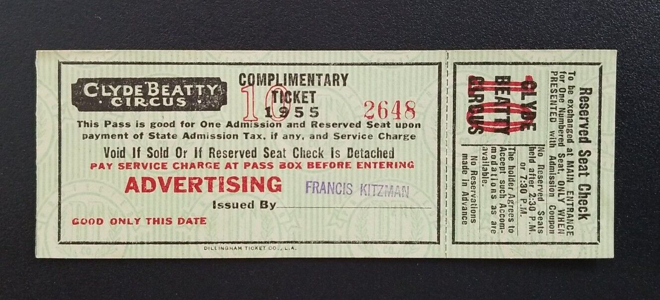 1955 Clyde Beatty Circus Advertising Ticket With Attached Stub