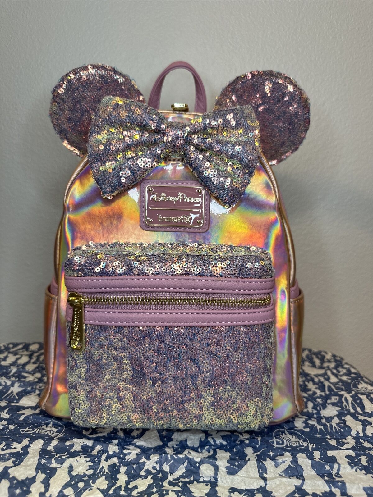 WDW 50th Anniversary EARidescent Pink Sequin Loungefly Mini Backpack Disney NWT