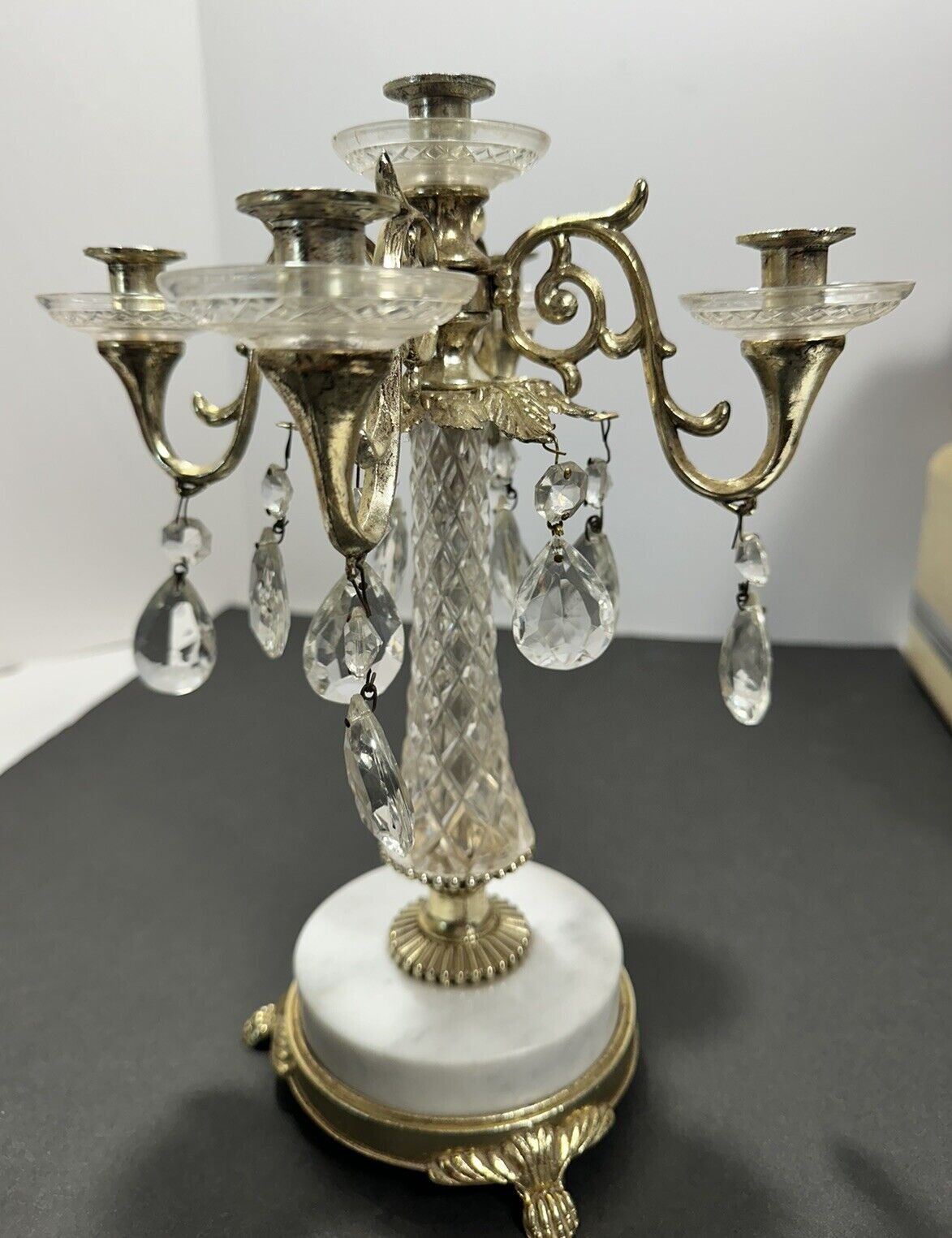 Mid Century Brass Candlestick Holders Marble Hollywood Regency 4 Arm Vtg
