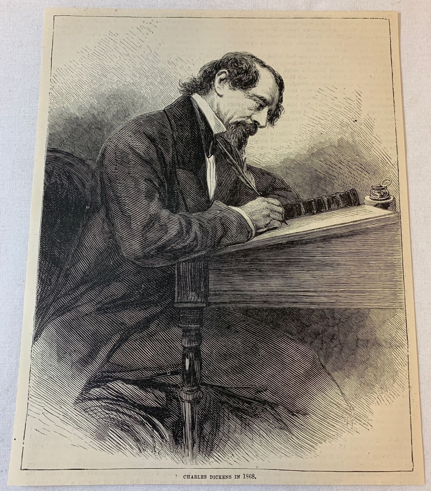 1887 magazine engraving~ CHARLES DICKENS WRITING AT HIS DESK in 1868
