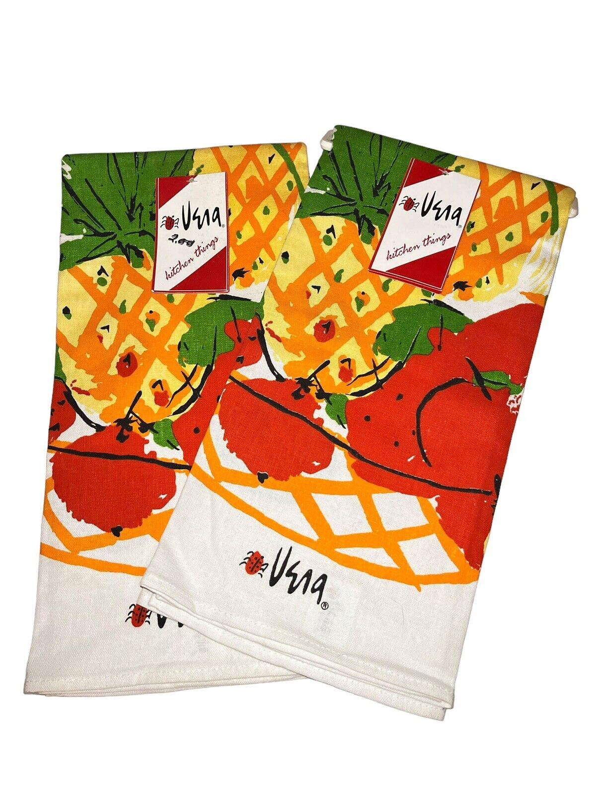 Vintage Vera Neumann Linen Tea Towels, Set of Two, Fruit Pattern NEW