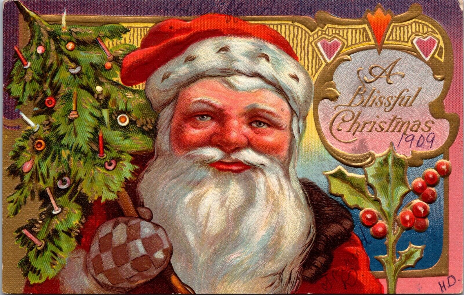 Antique Christmas Postcard Santa Old World Victorian Tree Big Face Vibrant Color