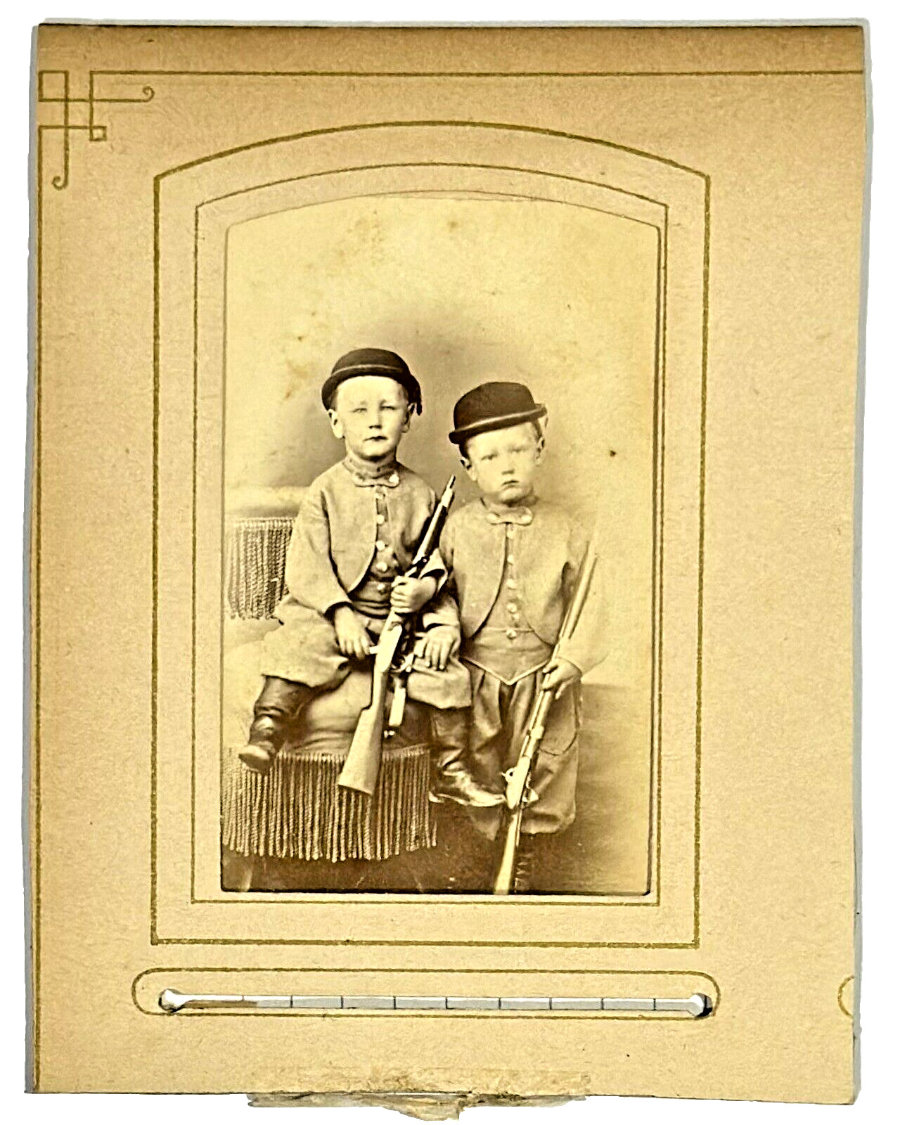 Antique CDV Portrait Photograph of Two Young Boys Carrying Guns Detroit Michigan