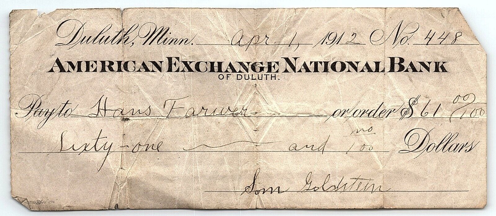 1912 DULUTH MINNESOTA AMERICAN EXCHANGE NATIONAL BANK CHECK SAN GOLDSTEIN Z5478