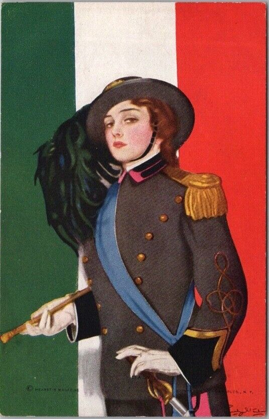 c1910s Artist-Signed Pretty Lady Postcard ITALY Flag Girl / Military Uniform