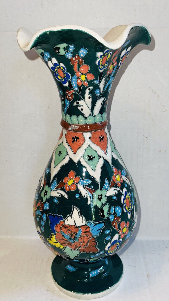Beautiful Colorful Kutahya Art Turkish Pottery Hand Made Vase 12” Turkey