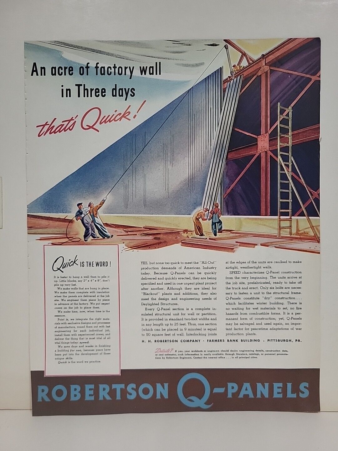 1942 Robertson Q-Panels Fortune WW2 Print Ad Q2 Factory Pittsburgh