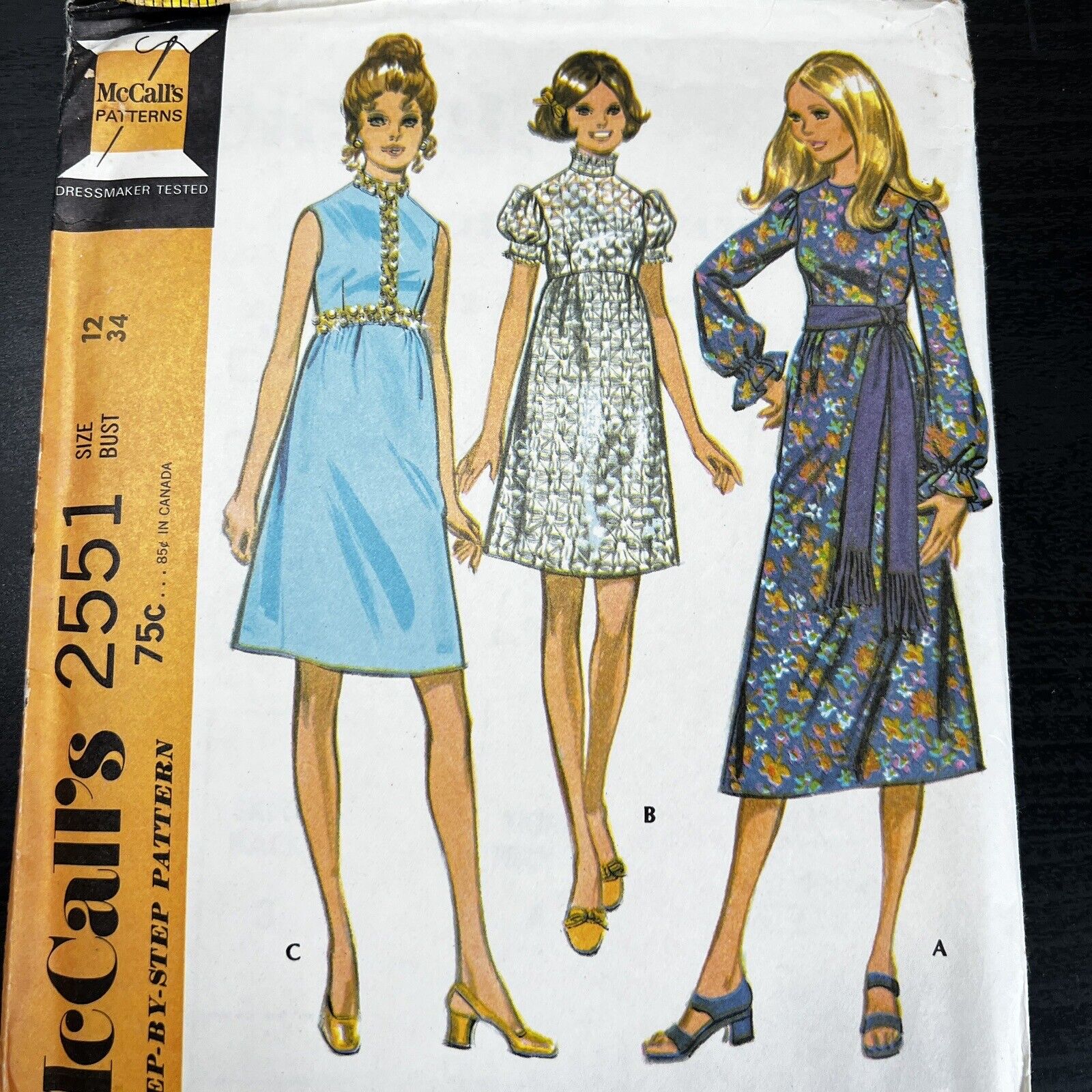 Vintage 1970s McCalls 2551 Mod Cottagecore Dress Sewing Pattern 12 XS UNCUT