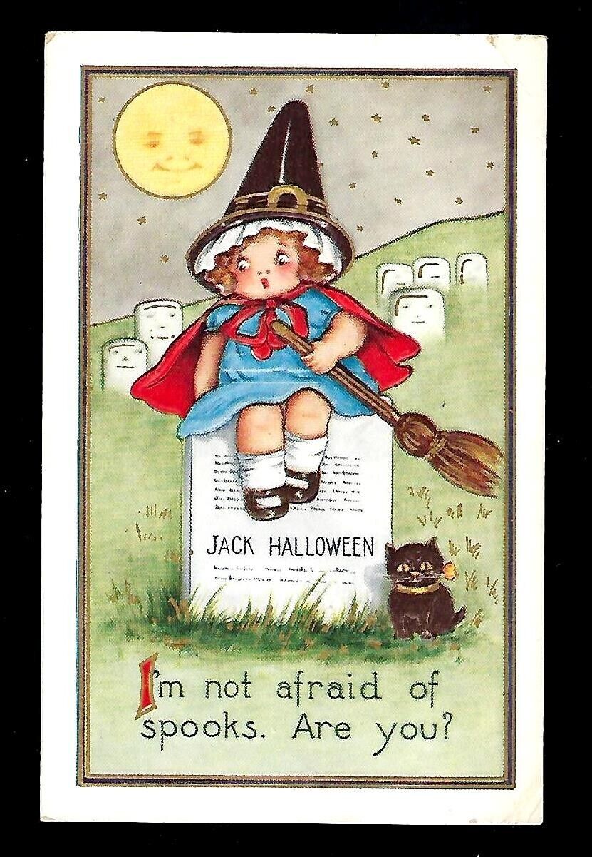 c1909 Halloween Postcard Girl/Cat Sitting on a CemeteryTombstone Embossed