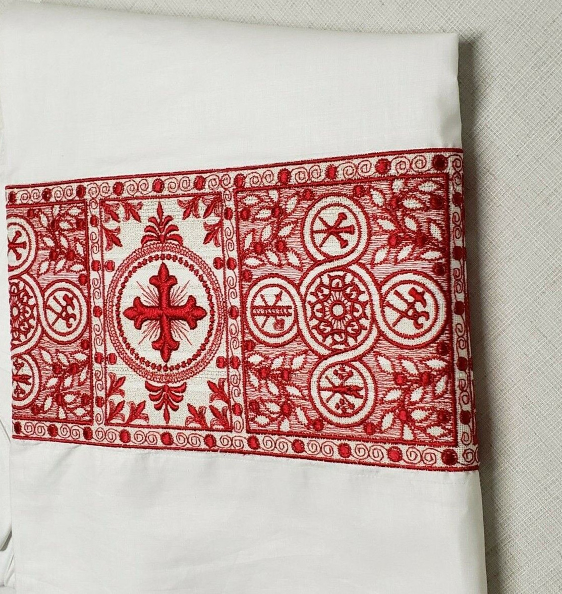 Vintage Alb Irish Linen Custom Embroidery Banding Orphrey Red on Lame Medium 2