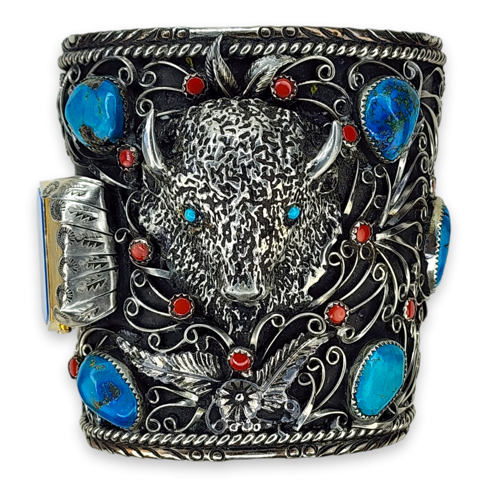 Vintage Southwestern Nickel Silver Buffalo Head Gigantic Watch Cuff Turquoise