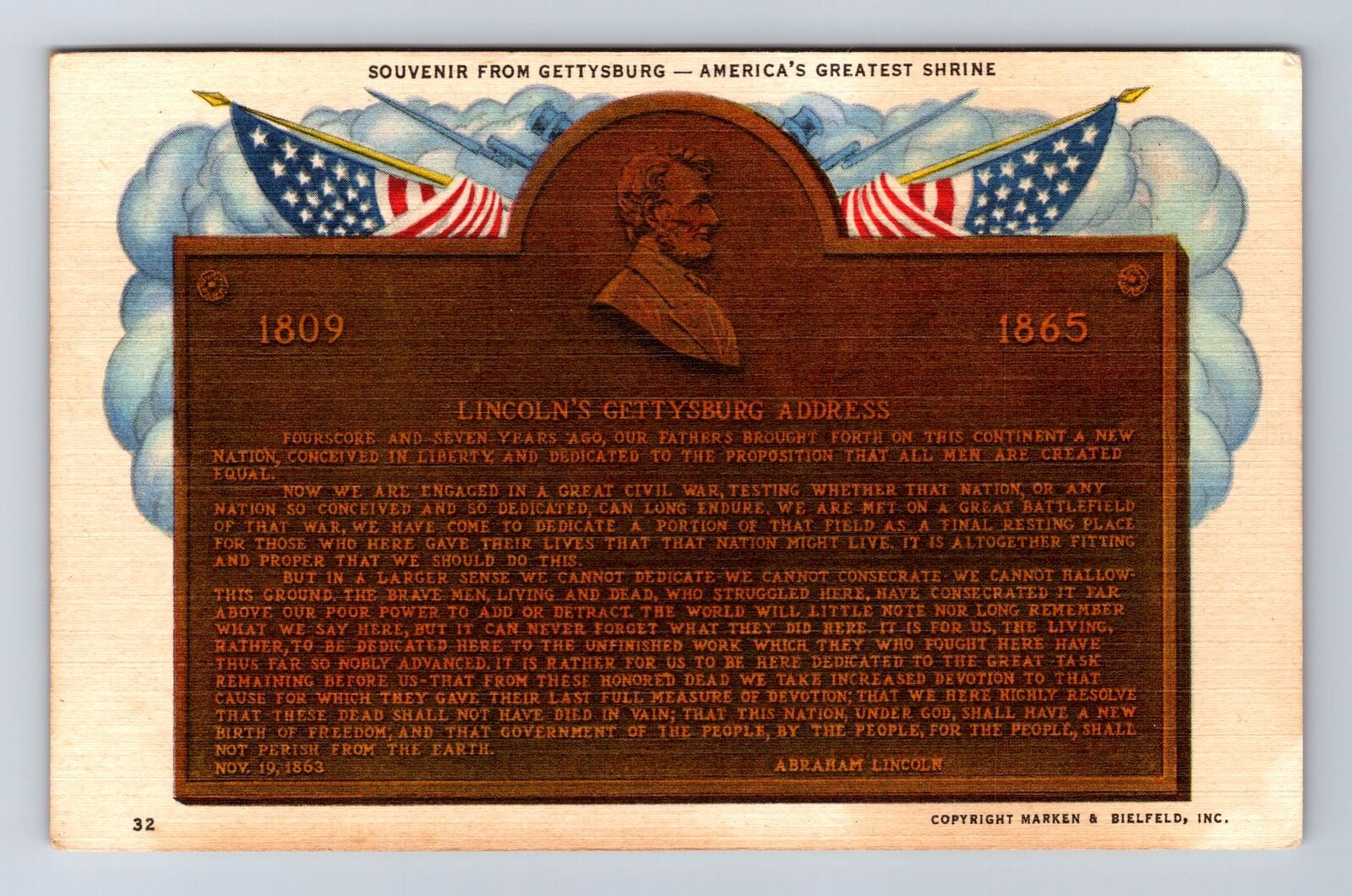 Gettysburg PA-Pennsylvania, Gettysburg Address Souvenir, Vintage Card Postcard