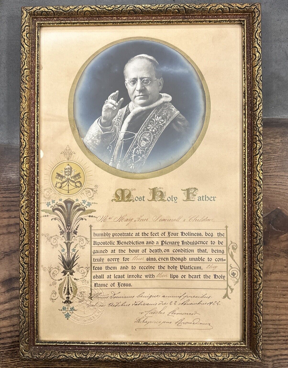 Vintage Catholic Pope Pius XI 1924 Benediction Framed Blessing - Signed