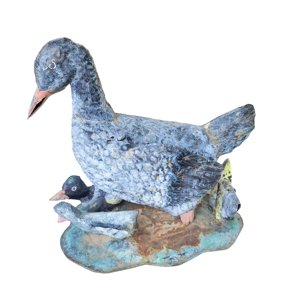 Antique Metal Duck Sculpture Hand Made Painted Vtg Ducklings Folk Art