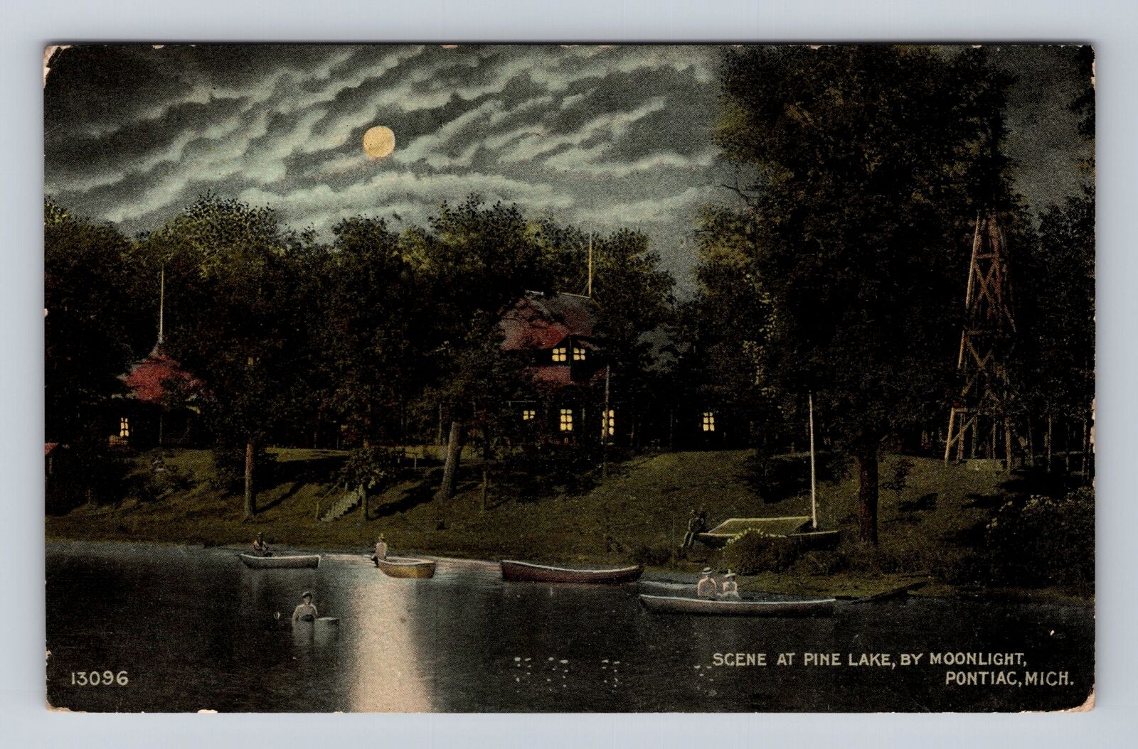 Pontiac MI-Michigan, Scenic Pine Lake by Moonlight, Antique Vintage Postcard