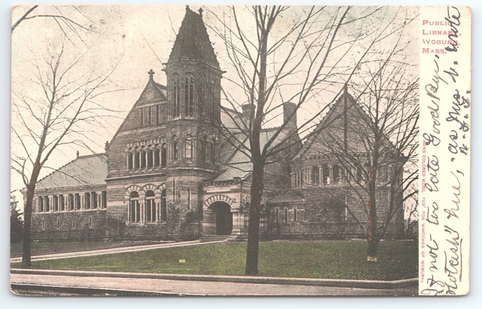 Postcard Public Library Woburn Massachusetts Hand Colored posted 1906