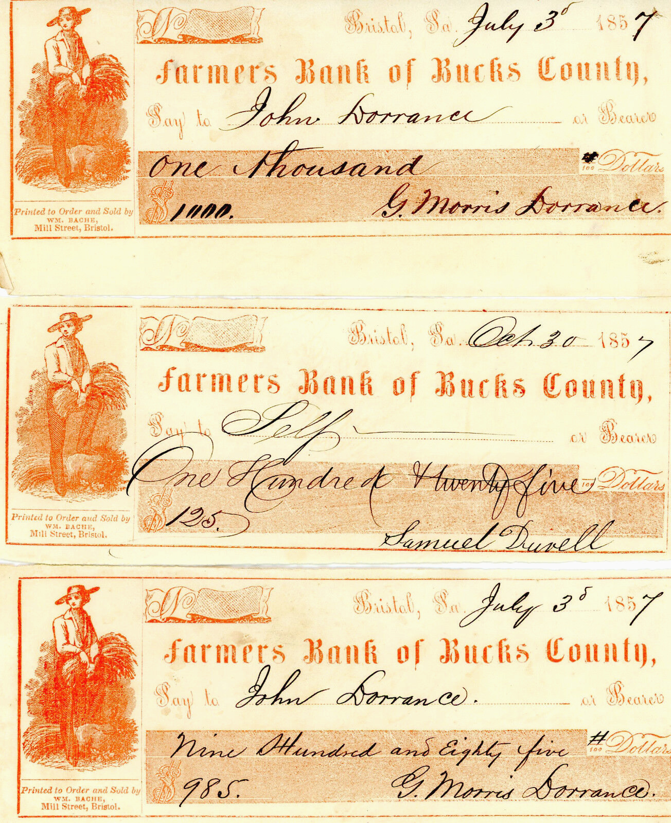 1857 Farmers Bank Of Bucks County Bristol Pennsylvania Antique Checks 